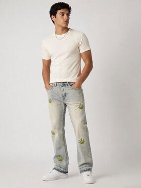 MNML Size 30 Light Wash Embroidered Leaf Jeans High Rise 3 Button Fly Frayed Hem